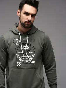 SHOWOFF Men Olive Green Printed Hooded Cotton Sweatshirt