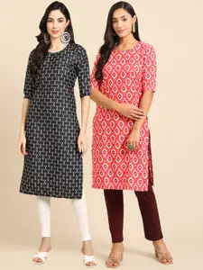 7Threads Pack Of 2 Ethnic Motifs Printed Straight Regular Crepe Kurtas