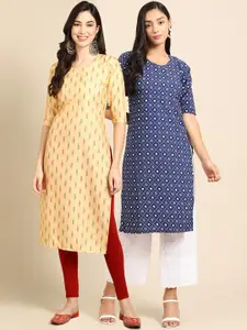 7Threads Women Pack of 2 Ethnic Motifs Printed Crepe Kurta