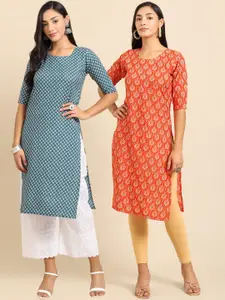 7Threads Women Pack of 2 Ethnic Motifs Printed Crepe Kurta
