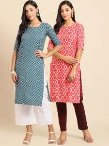 7Threads Women Pack of 2 Ethnic Motifs Printed Crepe Kurta