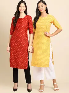 7Threads Women Pack of 2 Ethnic Motifs Printed Crepe Kurta