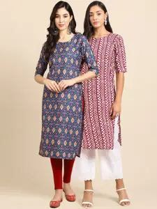 7Threads Women Pack of 2 Blue & Maroon Ethnic Motifs Printed Crepe Kurta