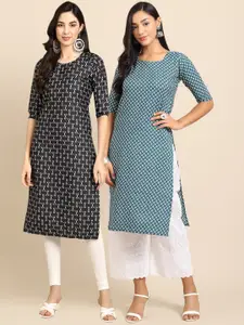 7Threads Women Pack of 2 Black & Blue Printed Straight Crepe Kurta
