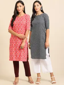 7Threads Women Pack of 2 Printed Straight Crepe Kurta