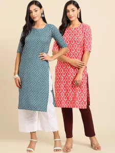 7Threads Women Pack of 2 Printed Straight Crepe Kurta