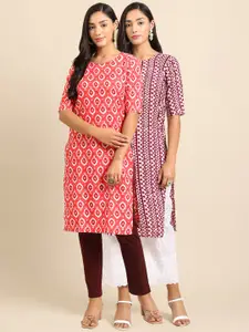 7Threads Women Pack of 2 Printed Straight Crepe Kurta