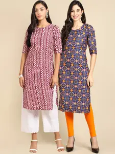 7Threads Women Burgundy & Blue Pack of 2 Printed Crepe Kurta
