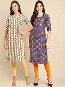 7Threads Women Pack of 2 Blue & Off White Block Print Crepe Straight Kurtas