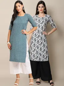 7Threads Women Pack of 2 Ethnic Motifs Printed Crepe Kurta
