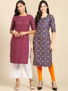 7Threads Women Pack of 2  Floral Printed Crepe Kurta