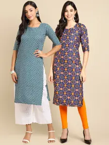 7Threads Women Blue & Navy Blue Pack of 2 Ethnic Motifs Printed Crepe Kurta