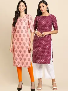 7Threads Pack Of 2 Printed Crepe Straight Regular Kurta