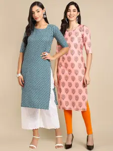 7Threads Women Pack Of 2 Pink & Blue Geometric Printed Crepe Kurta