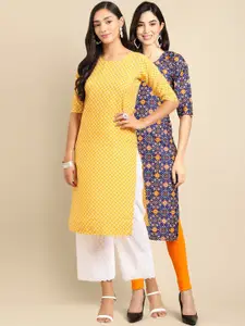 7Threads Women Pack of 2 Yellow & Navy Blue Ethnic Motifs Printed Crepe Kurta