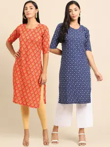 7Threads Women Pack of 2 Ethnic Motifs Printed Crepe Kurta