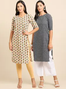 7Threads Women Black & White Pack of 2 Floral Printed Crepe Kurta