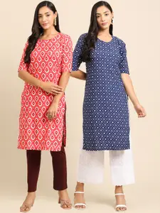 7Threads Women Pink & Blue Pack of 2 Geometric Printed Crepe Kurta