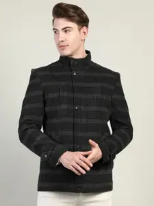 Dlanxa Men Black Striped Overcoat