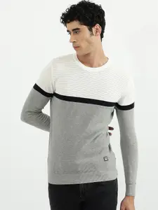 United Colors of Benetton Men Grey & White Round Neck Cotton Sweatshirt