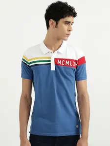 United Colors of Benetton Men Blue & White Colourblocked Polo Collar Cotton T-shirt