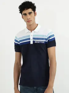 United Colors of Benetton Men Navy Blue & White Colourblocked Polo Collar Cotton T-shirt
