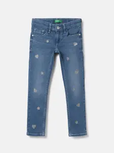 United Colors of Benetton Girls Blue Slim Fit Light Fade Embroidered Jeans