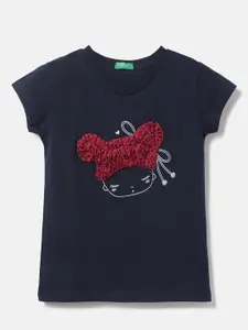 United Colors of Benetton Girls Navy Blue Printed Cotton T-shirt