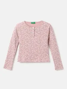 United Colors of Benetton Girls Mauve Floral Printed Cotton Henley Neck T-shirt