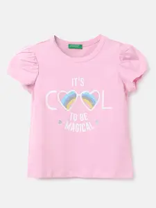 United Colors of Benetton Girls Pink Typography Printed  Cotton T-shirt