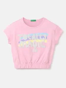 United Colors of Benetton Girls Pink Typography Printed Applique Cotton T-shirt