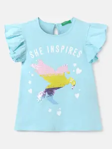 United Colors of Benetton Girls Blue Printed Puff Sleeves Cotton T-shirt