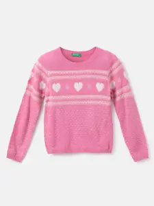 United Colors of Benetton Girls Pink & White Printed Pullover