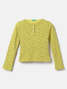 United Colors of Benetton Girls Green Floral Printed Cotton T-shirt