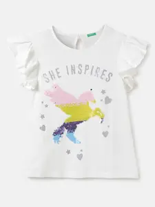 United Colors of Benetton Girls White Graphic Printed Cotton T-shirt