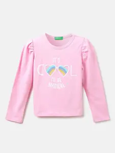 United Colors of Benetton Girls Pink Typography Printed Cotton T-shirt