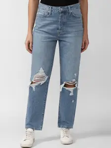 FOREVER 21 Women Blue Straight Fit Mildly Distressed Light Fade Jeans
