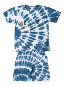Googo Gaaga Boys White & Blue Pure Cotton Dyed T-shirt with Shorts