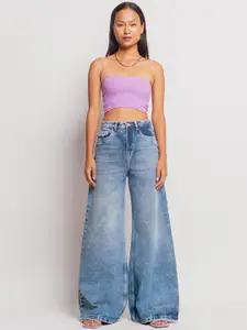 FREAKINS Women Blue Flared High-Rise Mildly Distressed Heavy Fade Cotton Jeans