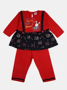 V-Mart Girls Red & Black Printed Top with Pyjamas