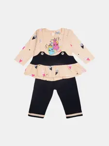 V-Mart Girls Peach-Coloured & Black Printed Top with Pyjamas