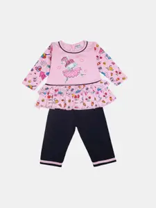 V-Mart Girls Pink & Navy Blue Printed Pure Cotton Top with Pyjamas