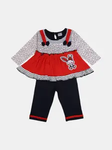 V-Mart Girls Red & Black Printed Pure Cotton Top with Pyjamas