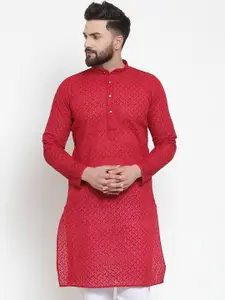 Jompers Mandarin Collar Woven Design Cotton Kurta