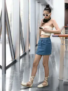 FOREVER 21 Women Blue Solid Mini Straight denim Skirts