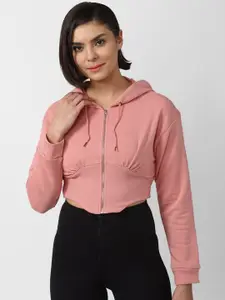 FOREVER 21 Women Pink Solid Hooded Crop Sweatshirt