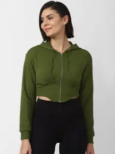 FOREVER 21 Women Green Solid Hooded Crop Sweatshirt