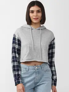 FOREVER 21 Women Grey Checked Hooded Crop Sweatshirt