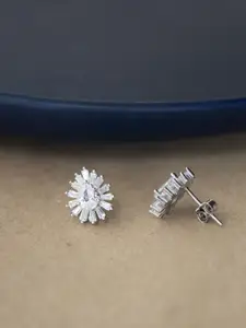 MANNASH Silver-Toned 925 Sterling Silver Rhodium Plated Floral Studs Earrings