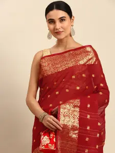 WoodenTant Red Woven Design Pure Cotton Taant Saree